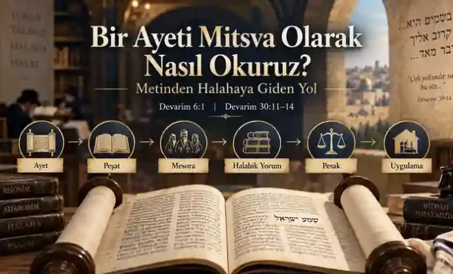 Bir ayetin Tora metninden peşat, mesora, halahik yorum ve pesak üzerinden uygulamaya geçişini gösteren görsel