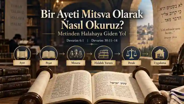 Bir ayetin Tora metninden peşat, mesora, halahik yorum ve pesak üzerinden uygulamaya geçişini gösteren görsel