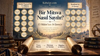 Açık Tora rulosunun üzerinde Rabbi Yişmael’in 13 Midot’u ile Rambam’ın 14 Şoreşi arasındaki ilişkiyi gösteren Mitsva makalesi kapağı