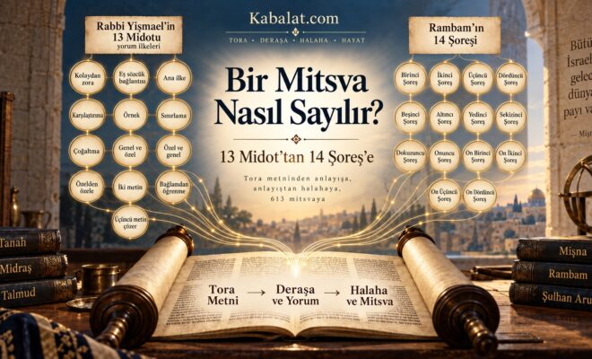 Açık Tora rulosunun üzerinde Rabbi Yişmael’in 13 Midot’u ile Rambam’ın 14 Şoreşi arasındaki ilişkiyi gösteren Mitsva makalesi kapağı