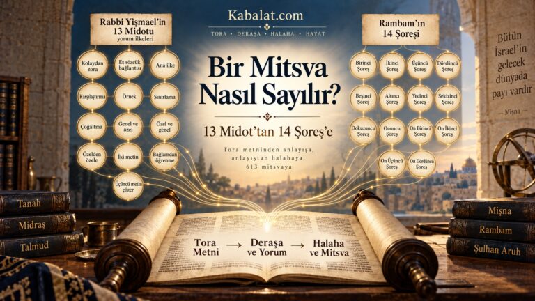 Açık Tora rulosunun üzerinde Rabbi Yişmael’in 13 Midot’u ile Rambam’ın 14 Şoreşi arasındaki ilişkiyi gösteren Mitsva makalesi kapağı