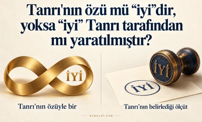 Tanrı'nın özü mü “iyi”dir, yoksa “iyi” Tanrı tarafından mı yaratılmıştır? Altın sonsuzluk simgesiyle özüyle bir olan iyilik, “İYİ” mührüyle Tanrı’nın belirlediği ölçüt karşılaştırılıyor.