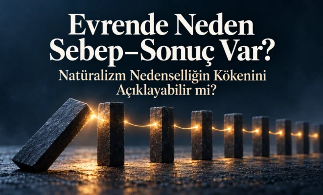 Sebep–sonuç bağını temsil eden, ışıklı bir hatla birbirine bağlanan taşlar. Evrende Neden Sebep–Sonuç Var? Natüralizm Nedenselliğin Kökenini Açıklayabilir mi?