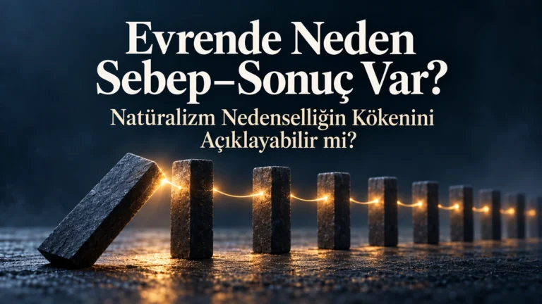 Sebep–sonuç bağını temsil eden, ışıklı bir hatla birbirine bağlanan taşlar. Evrende Neden Sebep–Sonuç Var? Natüralizm Nedenselliğin Kökenini Açıklayabilir mi?