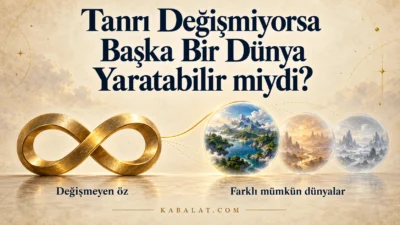 Değişmeyen özü simgeleyen altın sonsuzluk işareti ve farklı mümkün dünyalar.